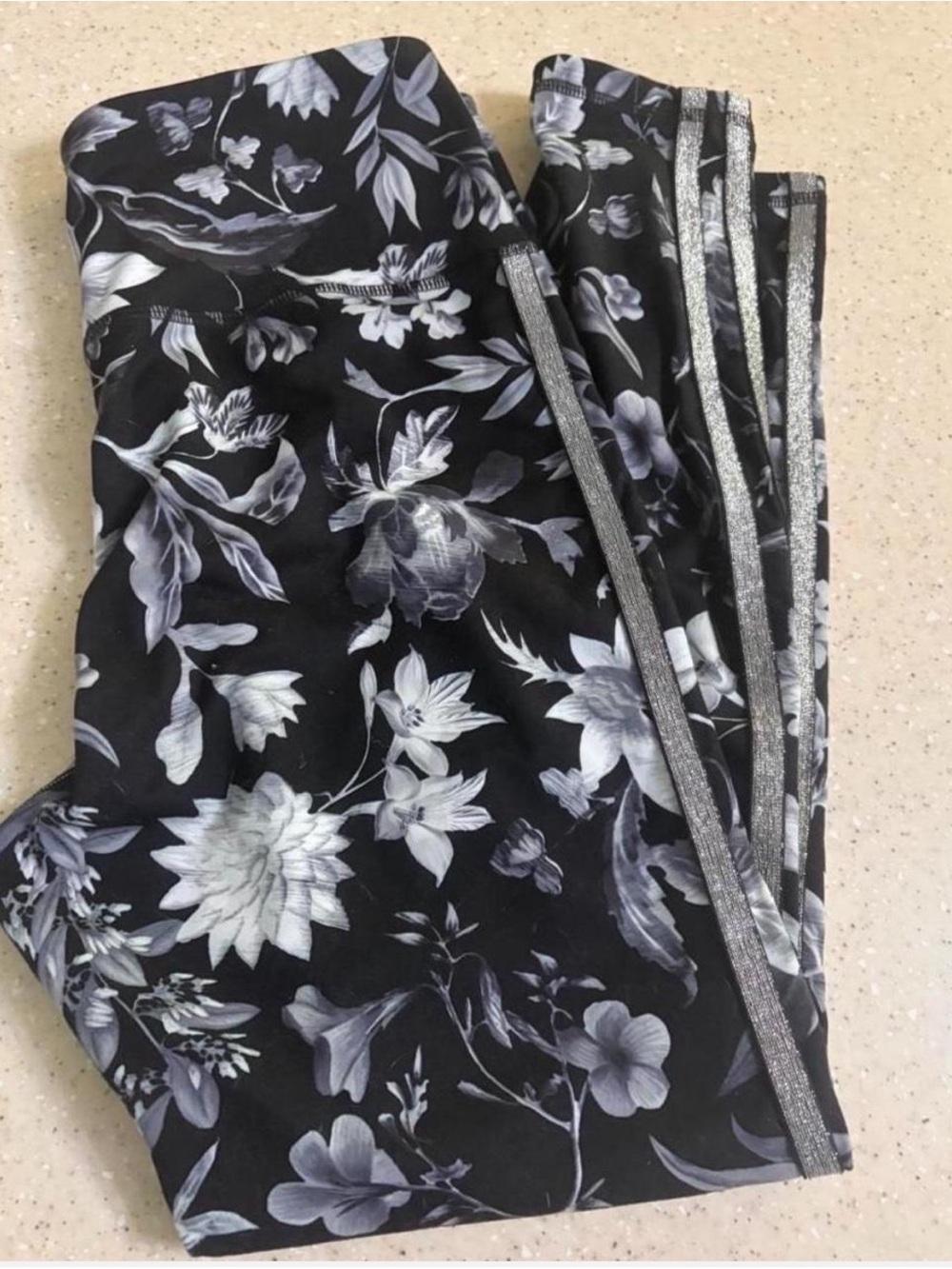 Black Floral Leggings with Silver Stripe